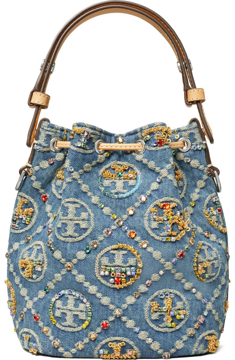 Tory Burch T Monogram Embellished Denim Bucket Bag, Alternate, color,