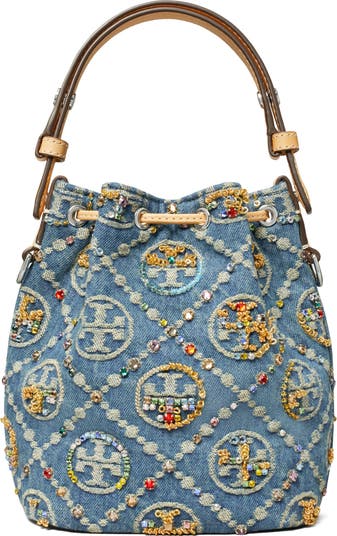 T Monogram Embellished Denim Bucket Bag