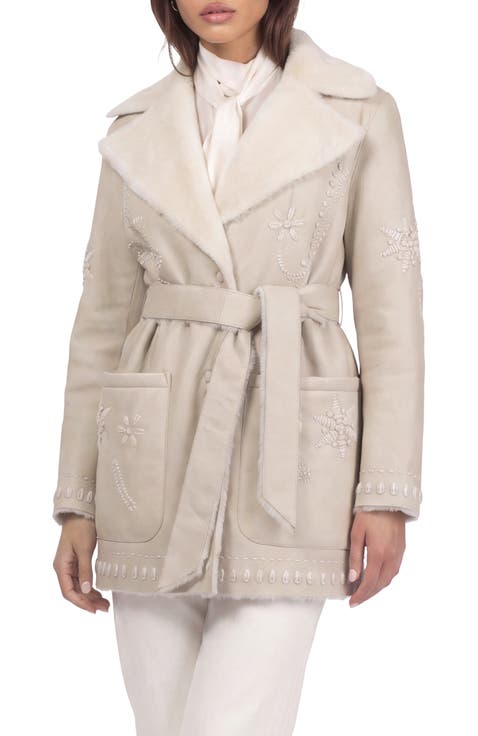 Genuine Shearling Jacket with Embroidery, Belt