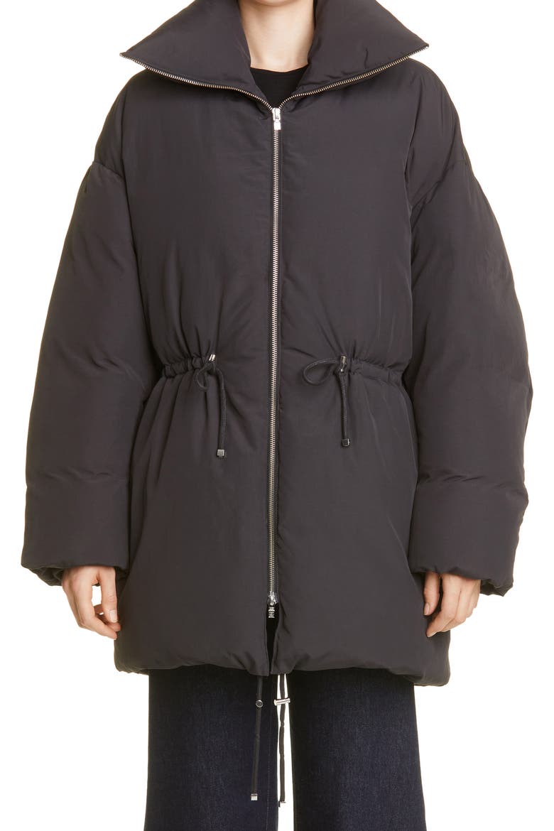 Drawstring Oversize Recycled Nylon Down Jacket, Main, color, BLACK