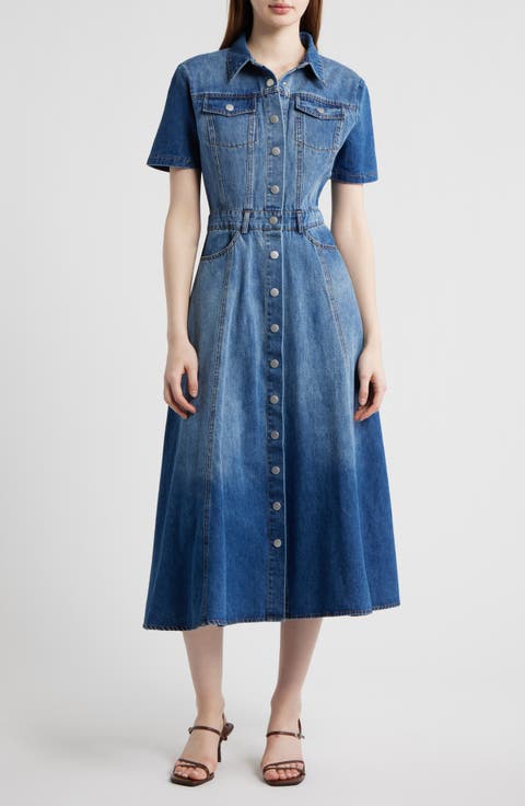 Cotton Blend Denim Midi Shirtdress