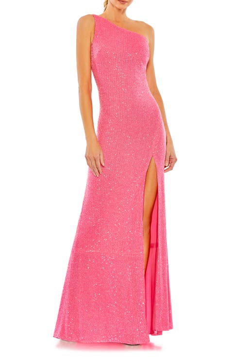 Sequined One Shoulder Draped Back Gown