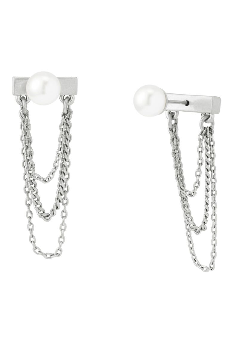 Faux Pearl Swag Chain Front/Back Earrings, Main, color, PEARL/ WARM SILVER