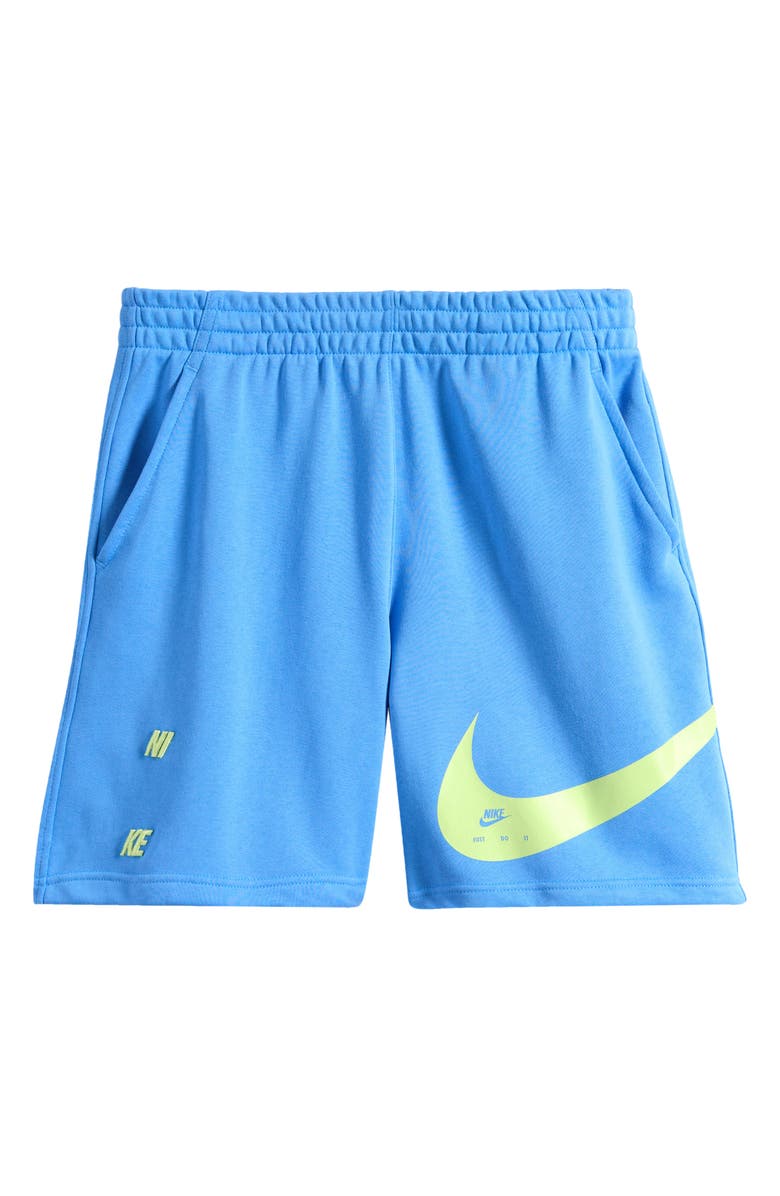 Nike Kids' Logo Detail French Terry Shorts, Main, color, University Blue/ Liquid Lime