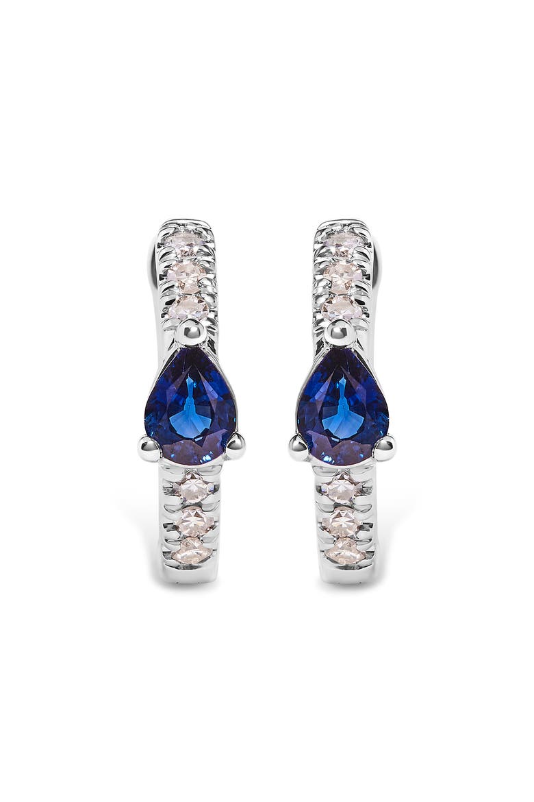 10K White Gold Pear Shaped Blue Sapphire and 1/10 Ct Diamond Huggy Hoop Earrings, Main, color, White