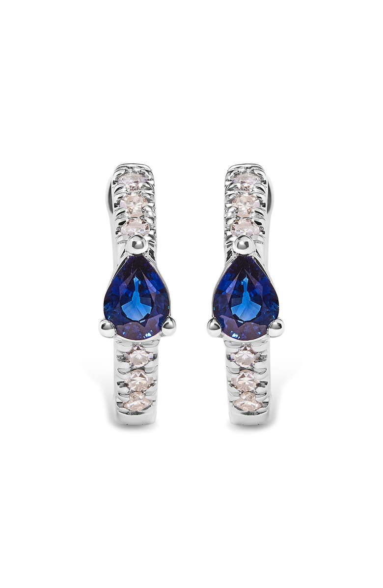 Haus of Brilliance 10K White Gold Pear Shaped Blue Sapphire and 1/10 Ct Diamond Huggy Hoop Earrings, Main, color, White