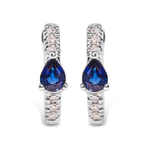 10K White Gold Pear Shaped Blue Sapphire and 1/10 Ct Diamond Huggy Hoop Earrings