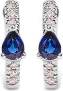 Haus of Brilliance 10K White Gold Pear Shaped Blue Sapphire and 1/10 Ct Diamond Huggy Hoop Earrings