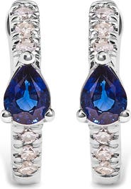 Haus of Brilliance 10K White Gold Pear Shaped Blue Sapphire and 1/10 Ct Diamond Huggy Hoop Earrings