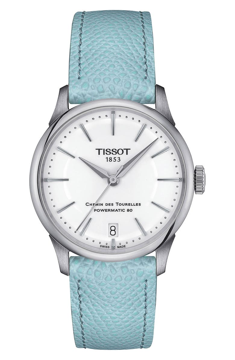 Tissot Chemin des Tourelles Powermatic 80 Leather Strap Watch, 34mm, Main, color, Blue