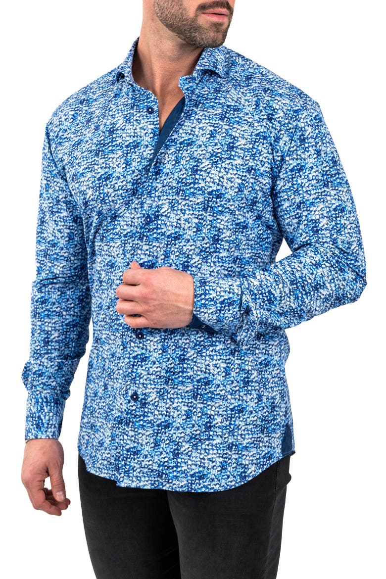 Einstein Stretchie Cubes Button-Up Shirt, Alternate, color, BLUE