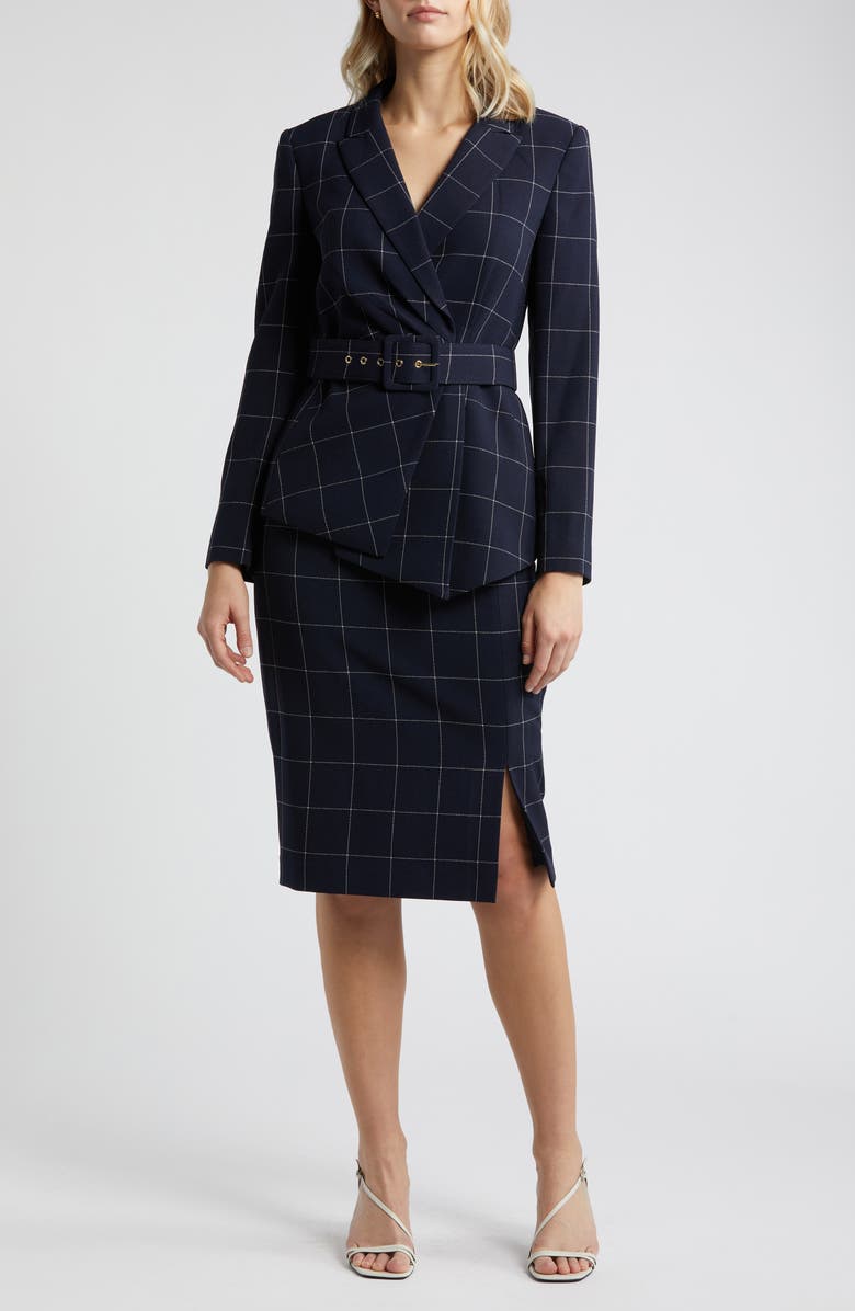 Tahari ASL Windowpane Plaid Two-Piece Long Sleeve Dress, Main, color, Navy Ivory