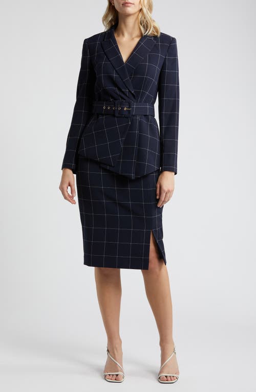 Tahari Asl Windowpane Check Belted Blazer & Pants Set