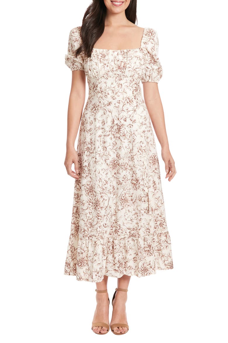 Puff Sleeve Midi Dress, Main, color, IVORY/ BROWN