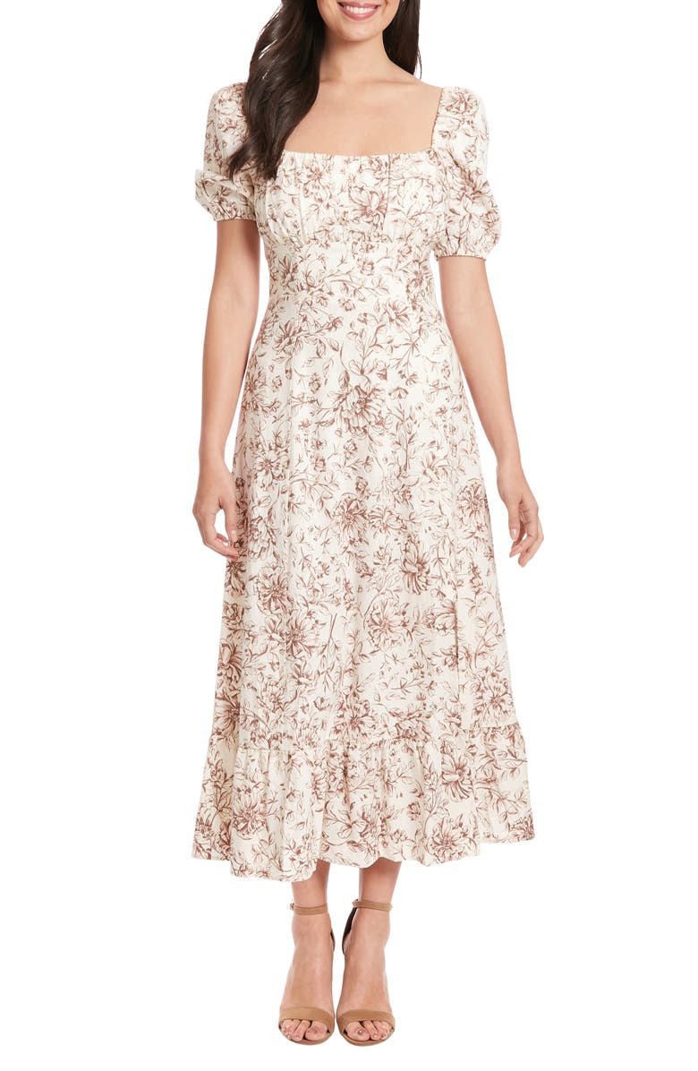 London Times Puff Sleeve Midi Dress, Main, color, Ivory/ Brwn