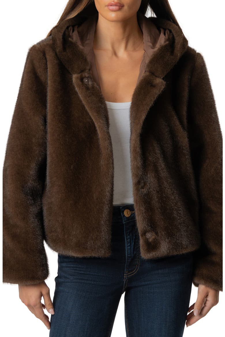 Saskia Hooded Faux Fur Jacket, Main, color, CHOCOLATE