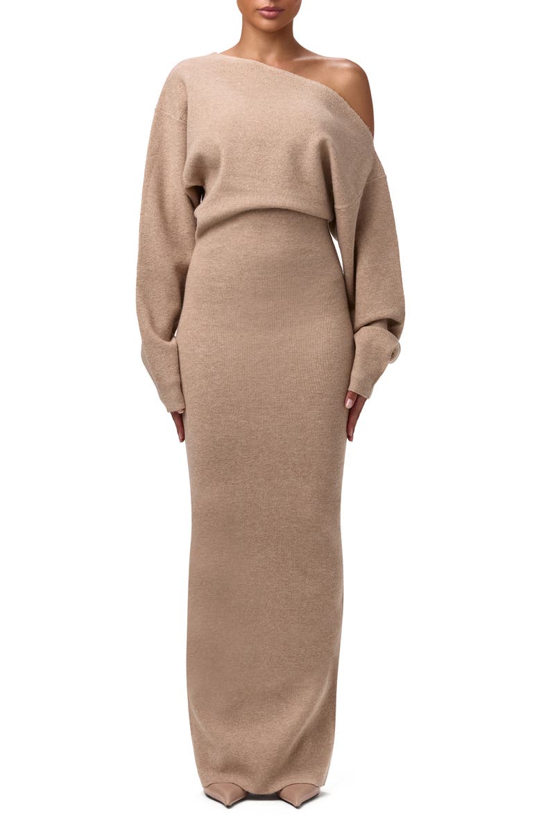 Naked Wardrobe One-Shoulder Long Sleeve Maxi Sweater Dress, Main, color, Taupe