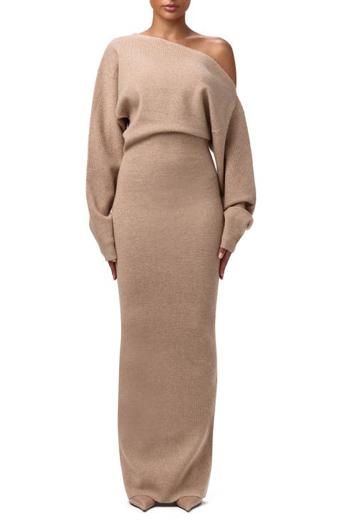 One-Shoulder Long Sleeve Maxi Sweater Dress