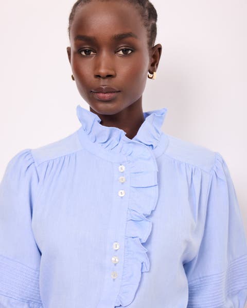 Cotton Chambray Ruffle Blouse
