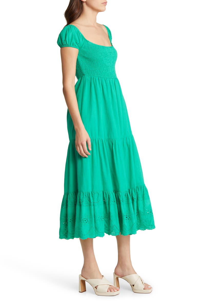 AREA STARS Coco Cotton Smocked Eyelet Midi Dress, Alternate, color,