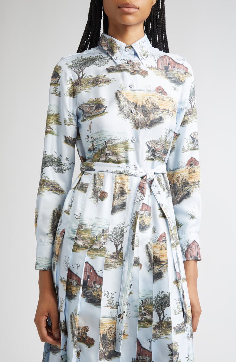 Thom Browne Long Sleeve Pleated Silk Toile Midi Shirtdress, Alternate, color, Seasonal Multi
