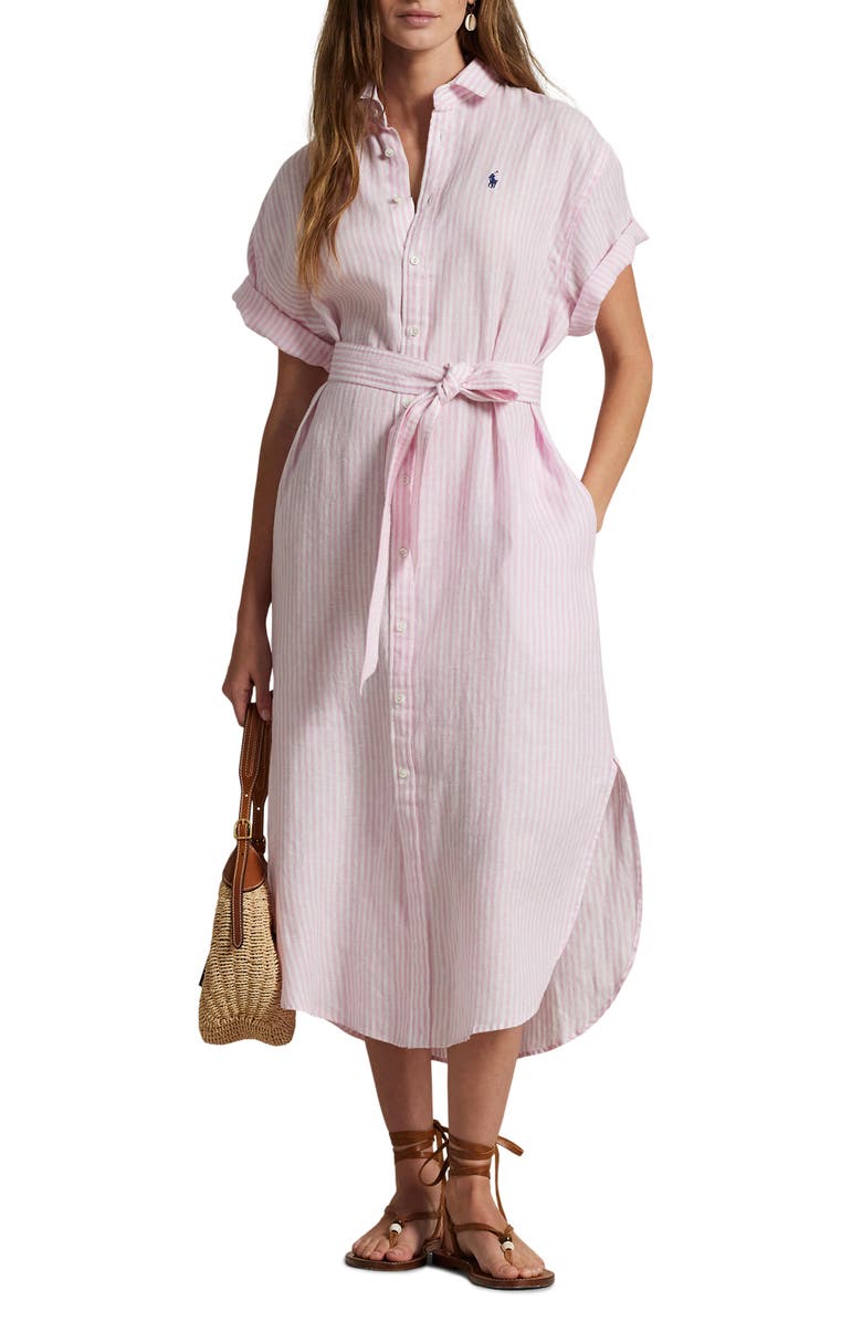 Polo Ralph Lauren Belted Linen Shirtdress, Main, color, White/ Pink