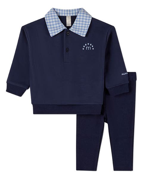 2 Piece Fleece Gingham-Collared Sweatshirt and Sweatpants Set
