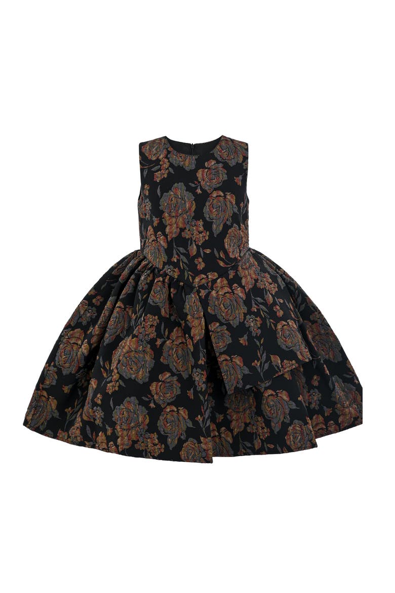 Emelina Floral Pleated Dress, Main, color, Black