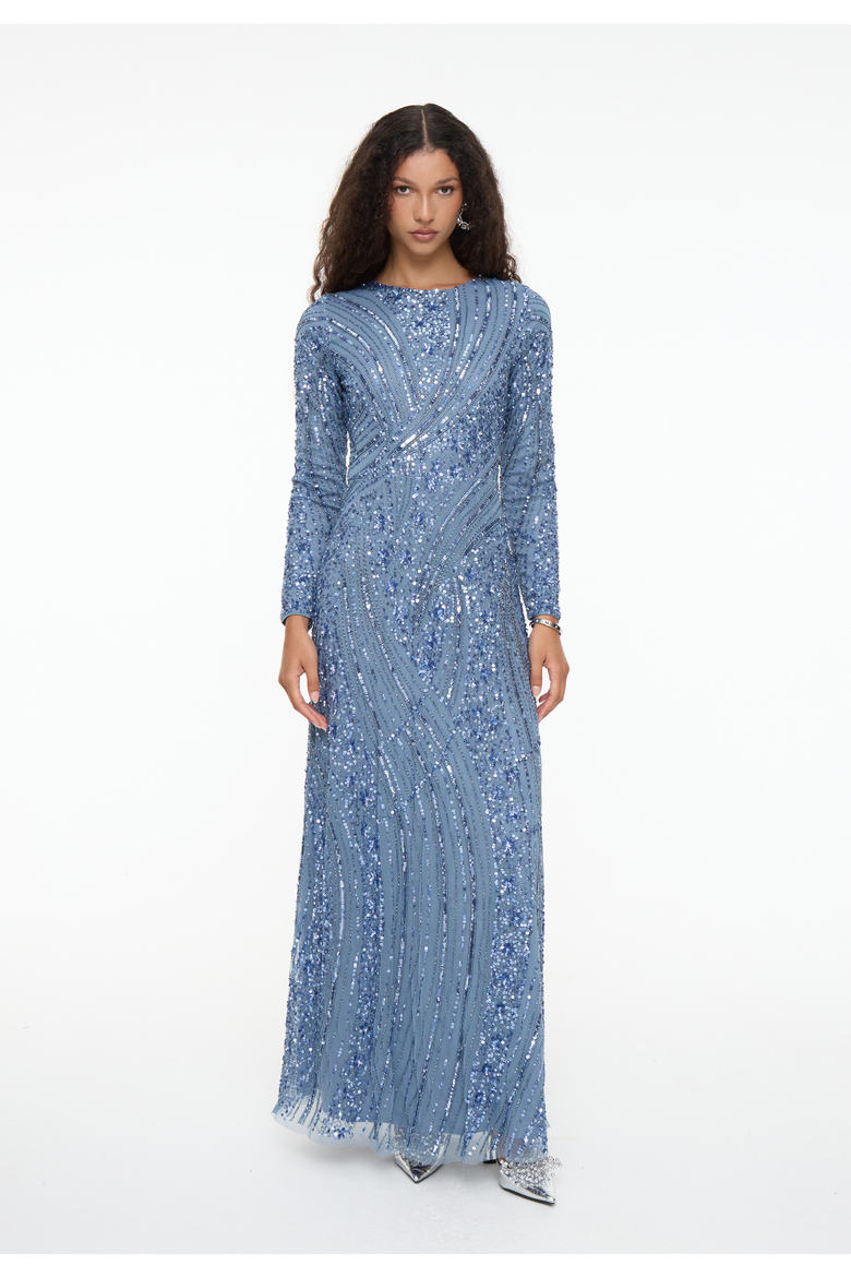 Modest Embellished Sequin Beaded Dress Maxi With Elegant design, Main, color, POWDER BLUE