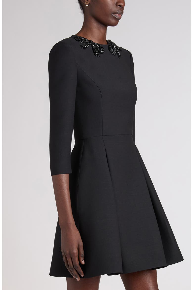 Bow Embellished Pleated Minidress, Alternate, color, BLACK