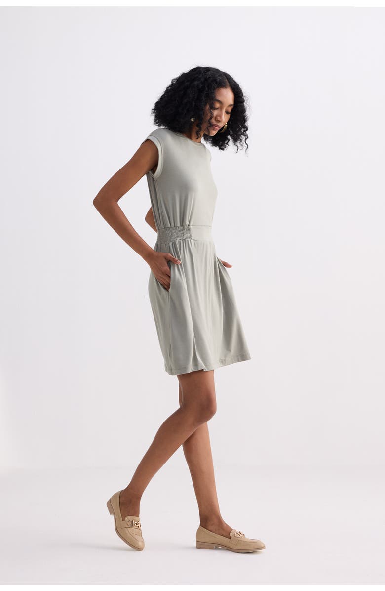 Reistor Short Dress With Smocking Side Detail, Alternate, color, Light Olive