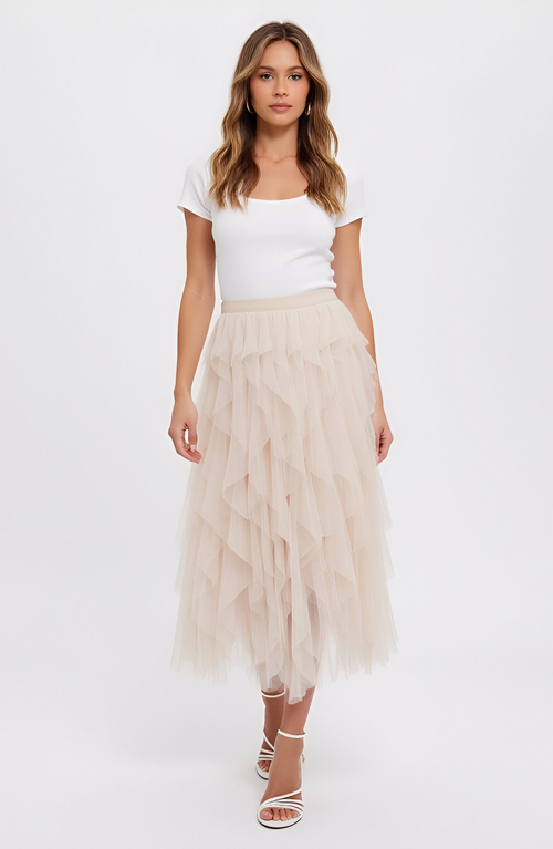 Modenaire Tiered Tulle Midi Skirt With Layered Ruffle Detail And Elastic Waistband In Neutral