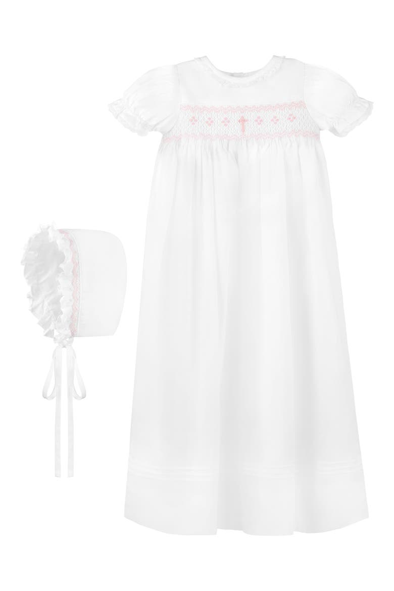 Smocked Christening Gown & Bonnet Set, Main, color, WHITE