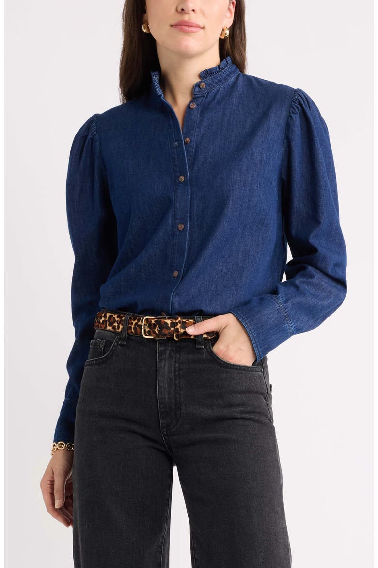 Ruffle Neck Puffed Sleeve Chambray Shirt, Main, color, DARK WASH