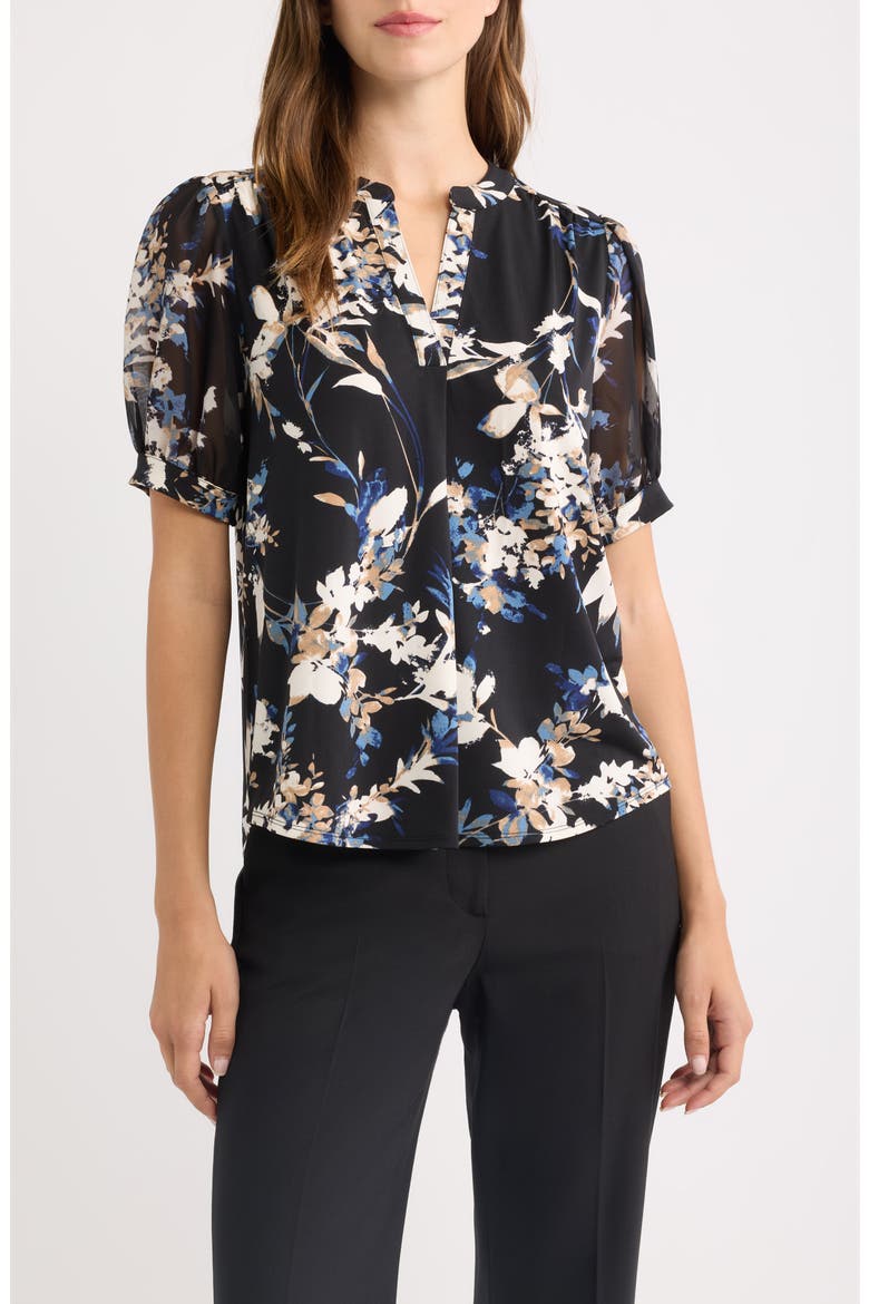 Floral Print Split Neck Top, Main, color, ANNE BLACK/ DUTCH BLUE MULTI