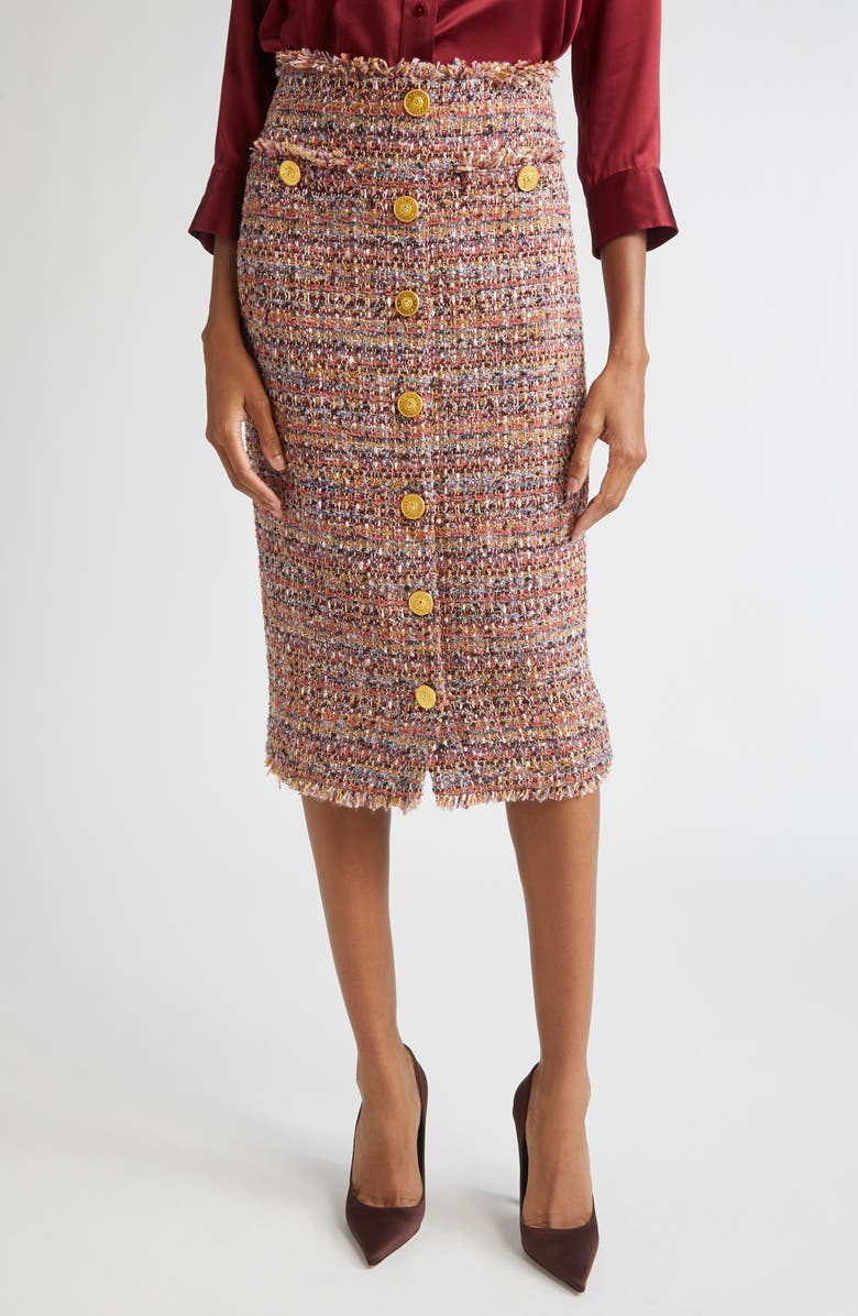 L'AGENCE Tai Tweed Midi Skirt, Main, color, Mauve/ Tan Multi Tweed