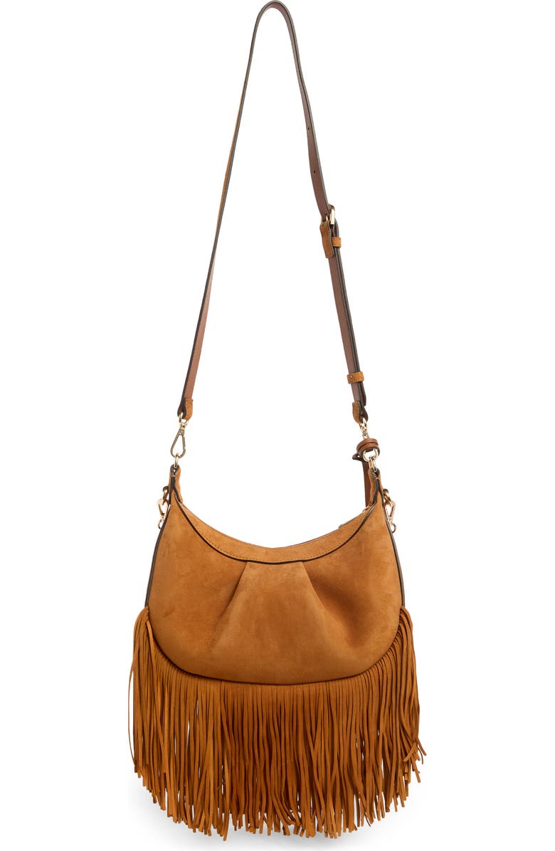 Stuart Weitzman Crescent Fringe Crossbody Bag, Alternate, color, Camel