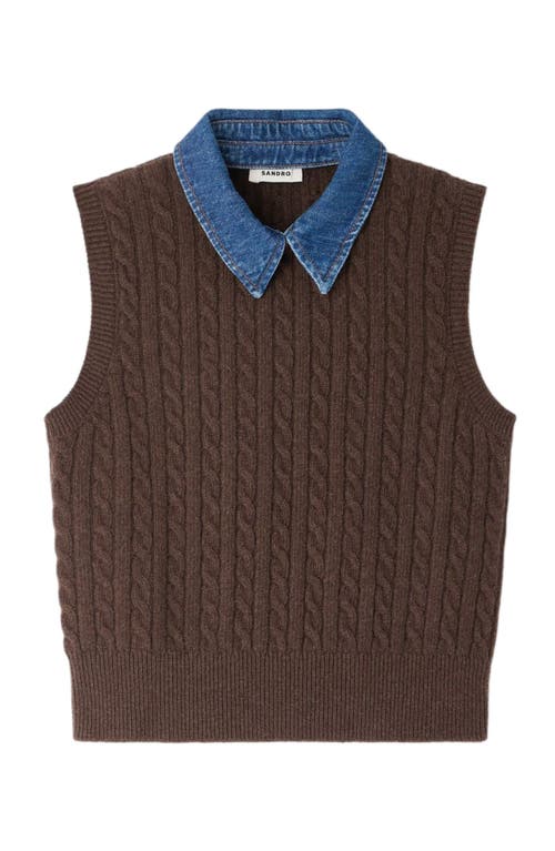 Sandro Womens Brown Denim-collar Ribbed Sleeveless Wool-blend Jumper In Brown