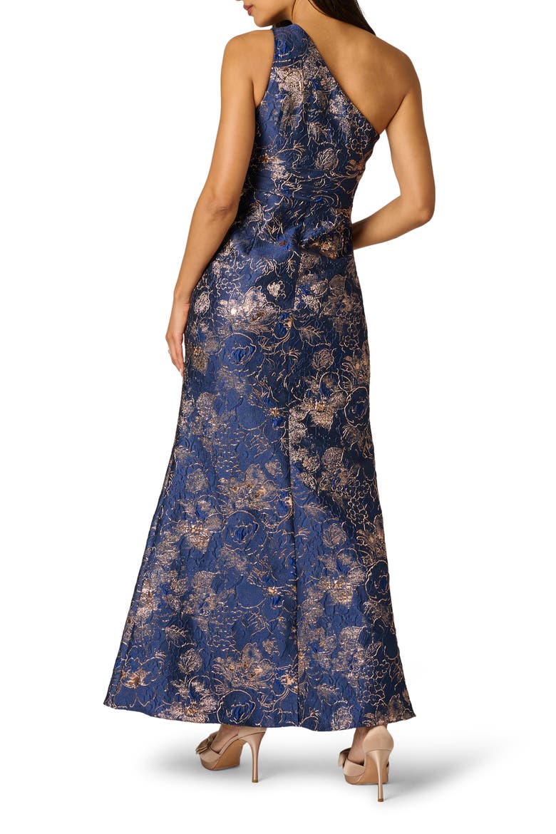 One-Shoulder Jacquard Gown, Alternate, color, NAVY/ ROSE GOLD