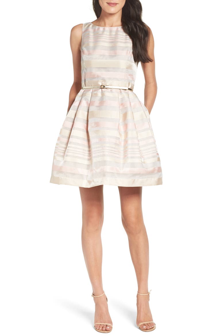 Stripe Fit & Flare Dress, Alternate, color, PINK COMBO