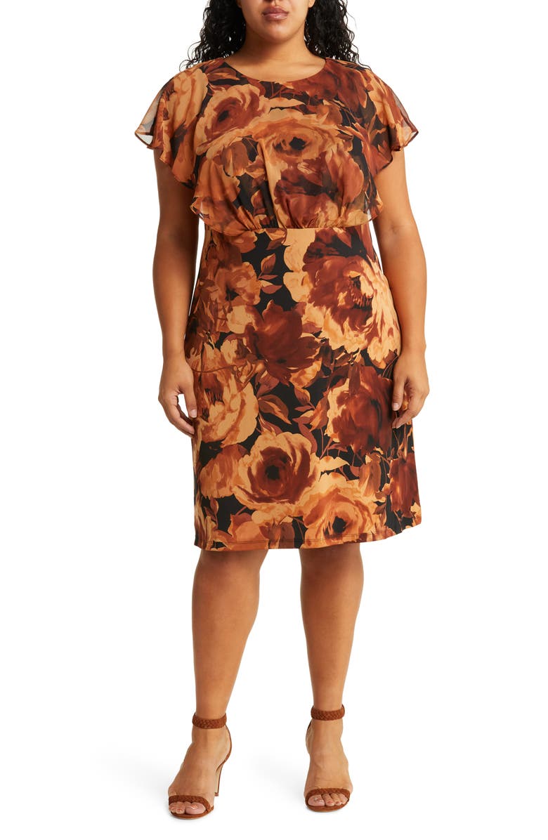 Connected Apparel Floral Chiffon Cape Overlay Midi Dress, Main, color, 