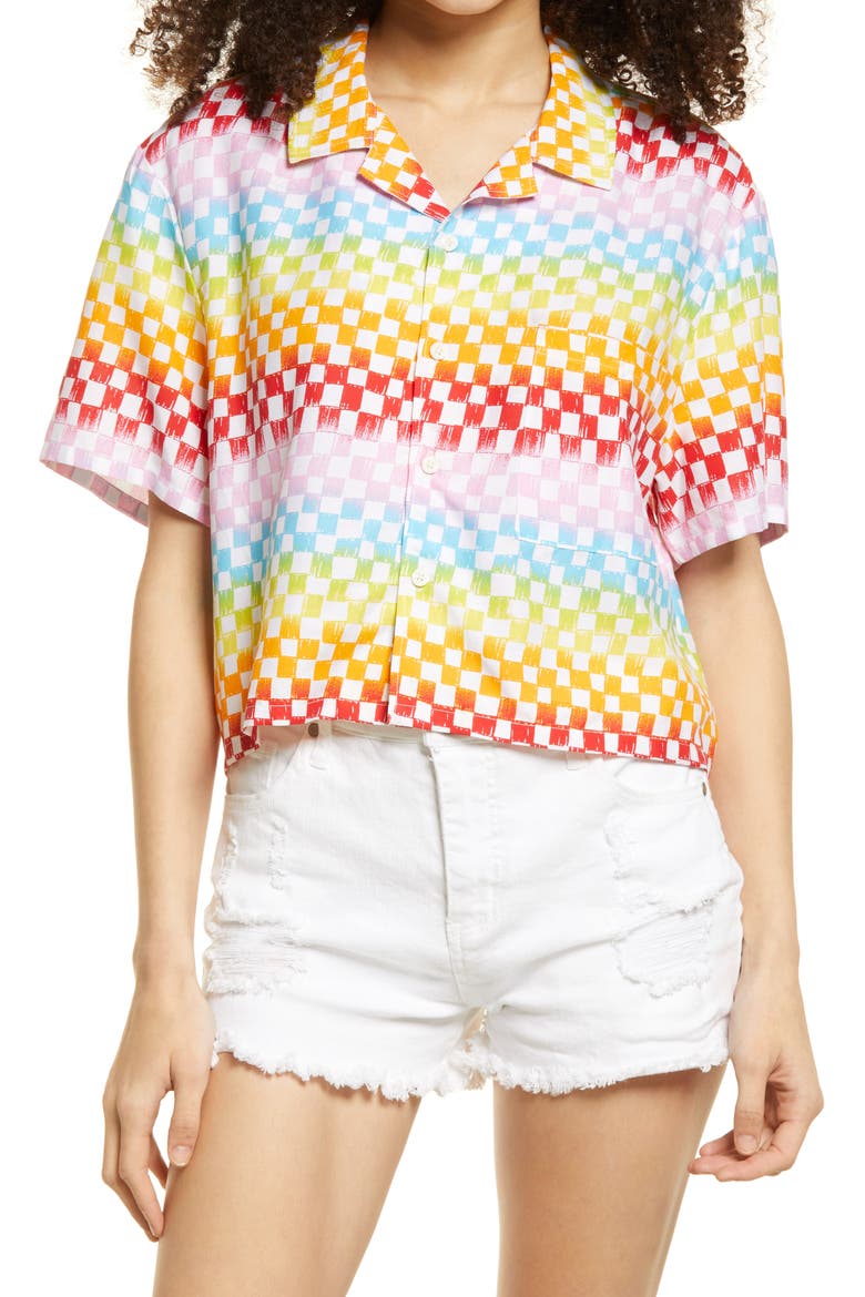 by BP Gender Inclusive Crop Camp Shirt, Main, color, WHITE RAINBOW ARCADE CHECK