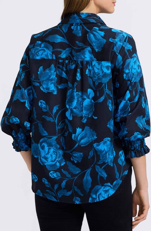Foxcroft Olivia Floral Smocked Cuff Cotton Button-up Shirt In Blue