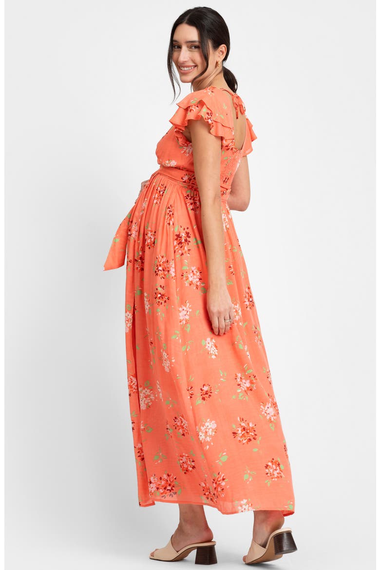 Flutter Sleeve Faux Wrap Maternity Dress, Alternate, color, CORAL PRINT