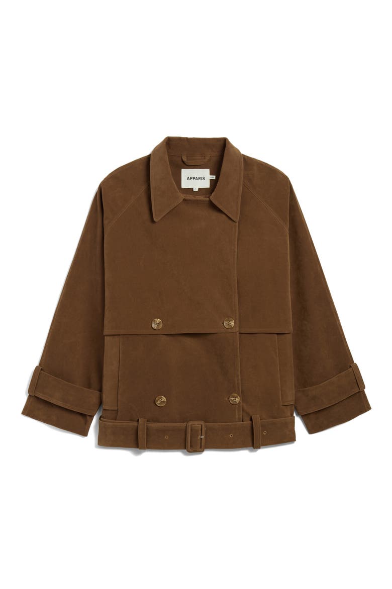 Gaia Faux Suede Short Trench Coat, Alternate, color, SADDLE BROWN