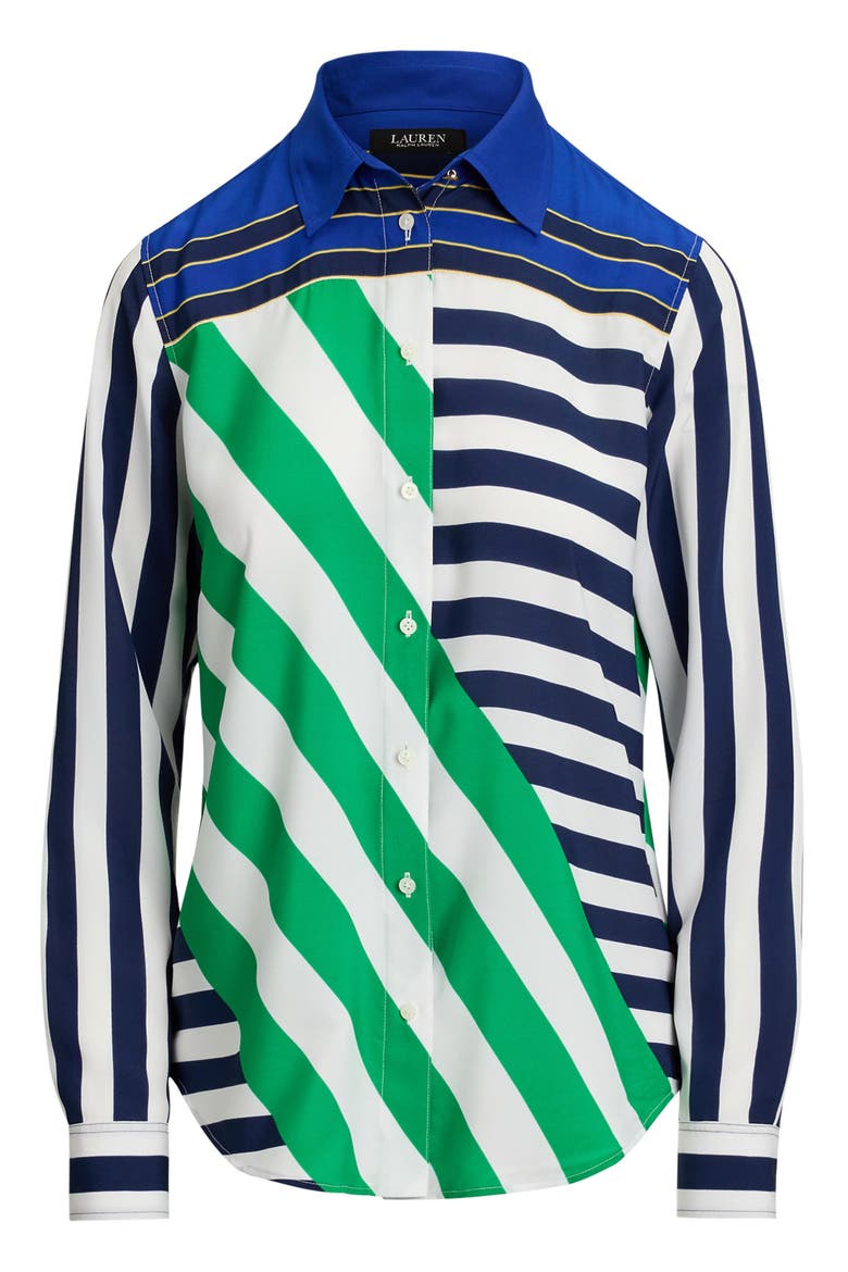 Stripe Button-Up Blouse, Alternate, color, NAVY BLUE/ WHITE/ GREEN