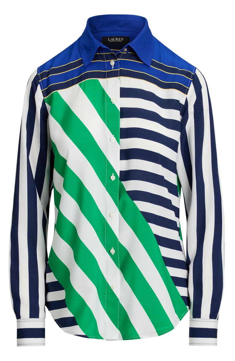 Lauren Ralph Lauren Stripe Button-Up Blouse, Alternate, color, Navy Blue/ White/ Green