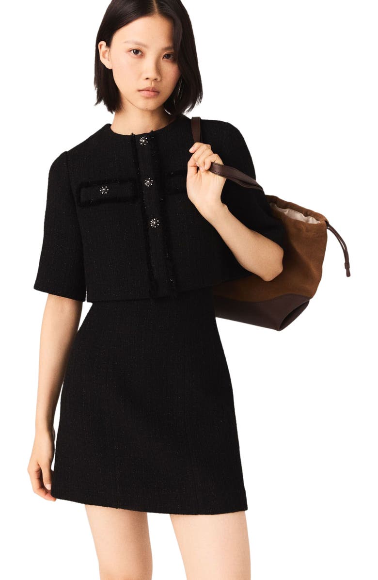 maje 2-in-1 shiny tweed dress, Alternate, color, Black