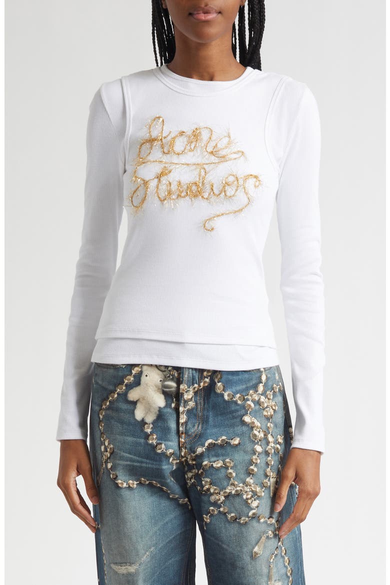 Elga Tinsel Logo Rib Long Sleeve Layered T-Shirt, Main, color, OPTIC WHITE