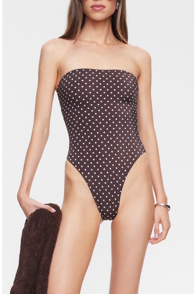 Gigi Bandeau One-Piece Swimsuit, Main, color, CHOCOLATE BLUE POLKA